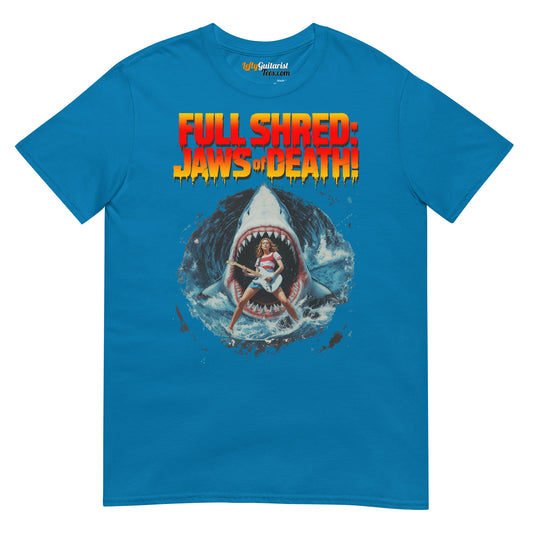 Unisex sapphire t-shirt featuring "Full Shred: Jaws of Death!" graphic with a shark and lefty guitarist design.