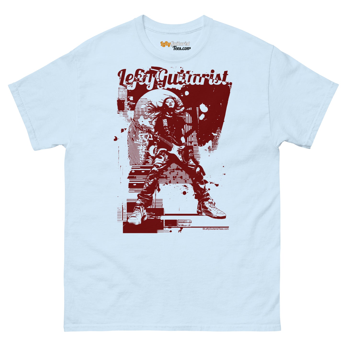 Light blue unisex T-shirt featuring "Distortion Queen" graphic with a guitarist in red and black design.