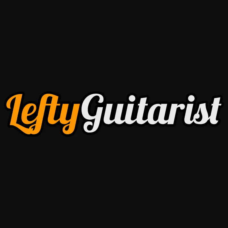 LeftyGuitarist logo in orange and white on a black background.
