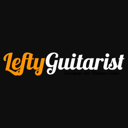LeftyGuitarist small logo T-shirt design in black featuring orange and white text with "Southpaw Ax-Wielders Unite!" below.