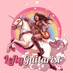 Rainbow unicorn warrior graphic on a pink background featuring an Amazon warrior woman playing a left handed LP style guitar, surrounded by clouds and a rainbow.