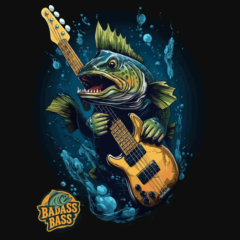 Badass Bass T-shirt design featuring a bass fish playing a yellow left handed bass guitar with a dark background and water splashes.