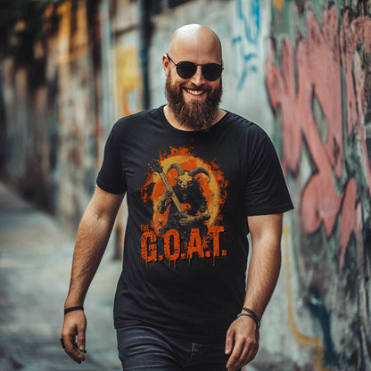 Black unisex T-shirt featuring "The G.O.A.T." graphic with a demon guitarist, worn by a smiling man with sunglasses.