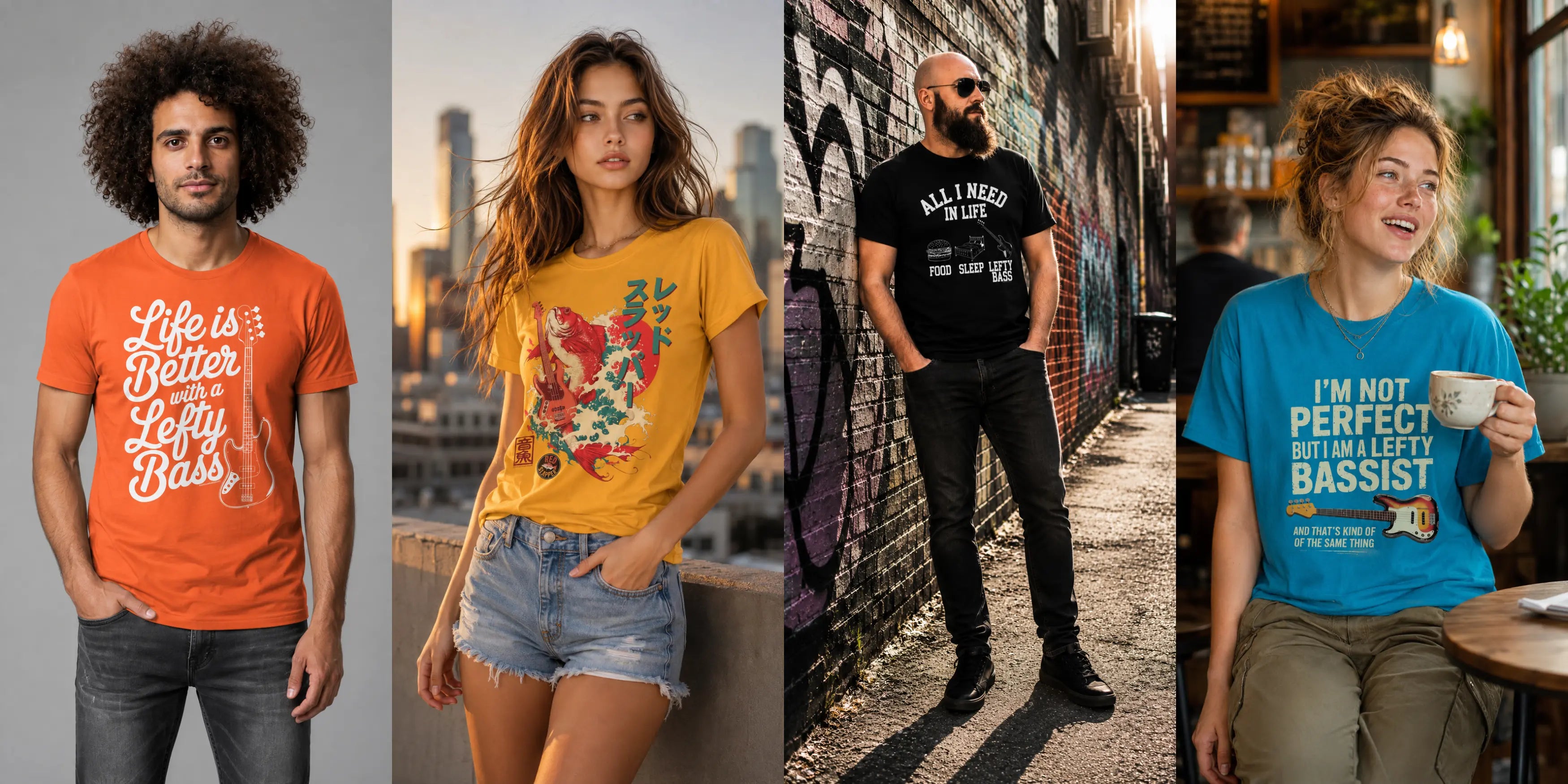 A four-panel collage showing people wearing graphic T-shirts in real-world settings. Left panel: a man in an orange T-shirt with white text reading 'Life is Better with Leff Bass.
