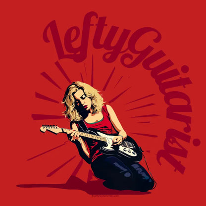 Lefty blonde guitarist design featuring a woman playing a left handed guitar on a red background with bold text.