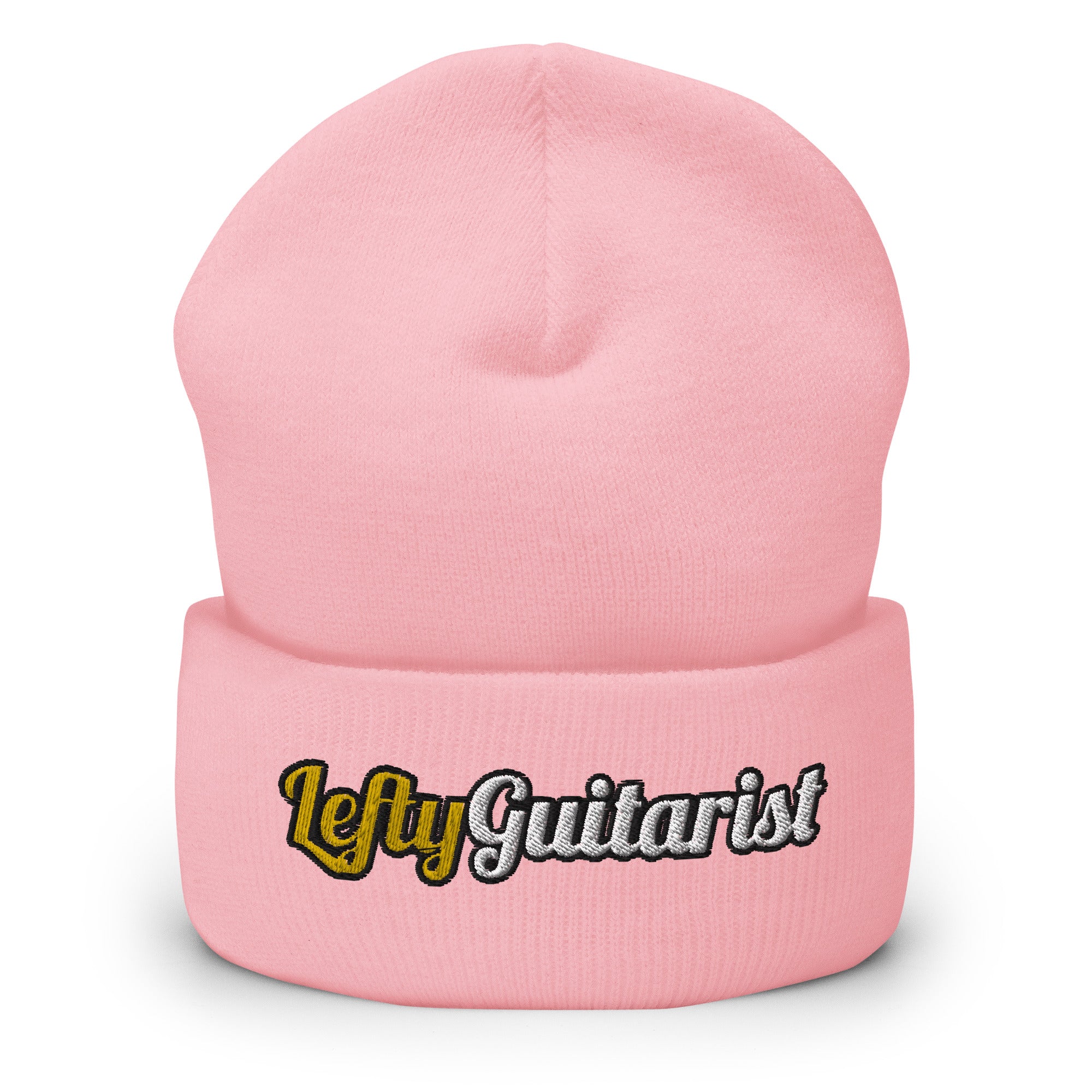 Cuffed baby pink beanie with "LeftyGuitarist" embroidered in black and yellow on the front.
