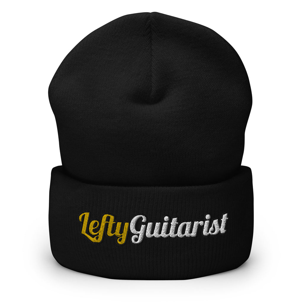Black cuffed beanie with "LeftyGuitarist" embroidered in gold and white on the front.