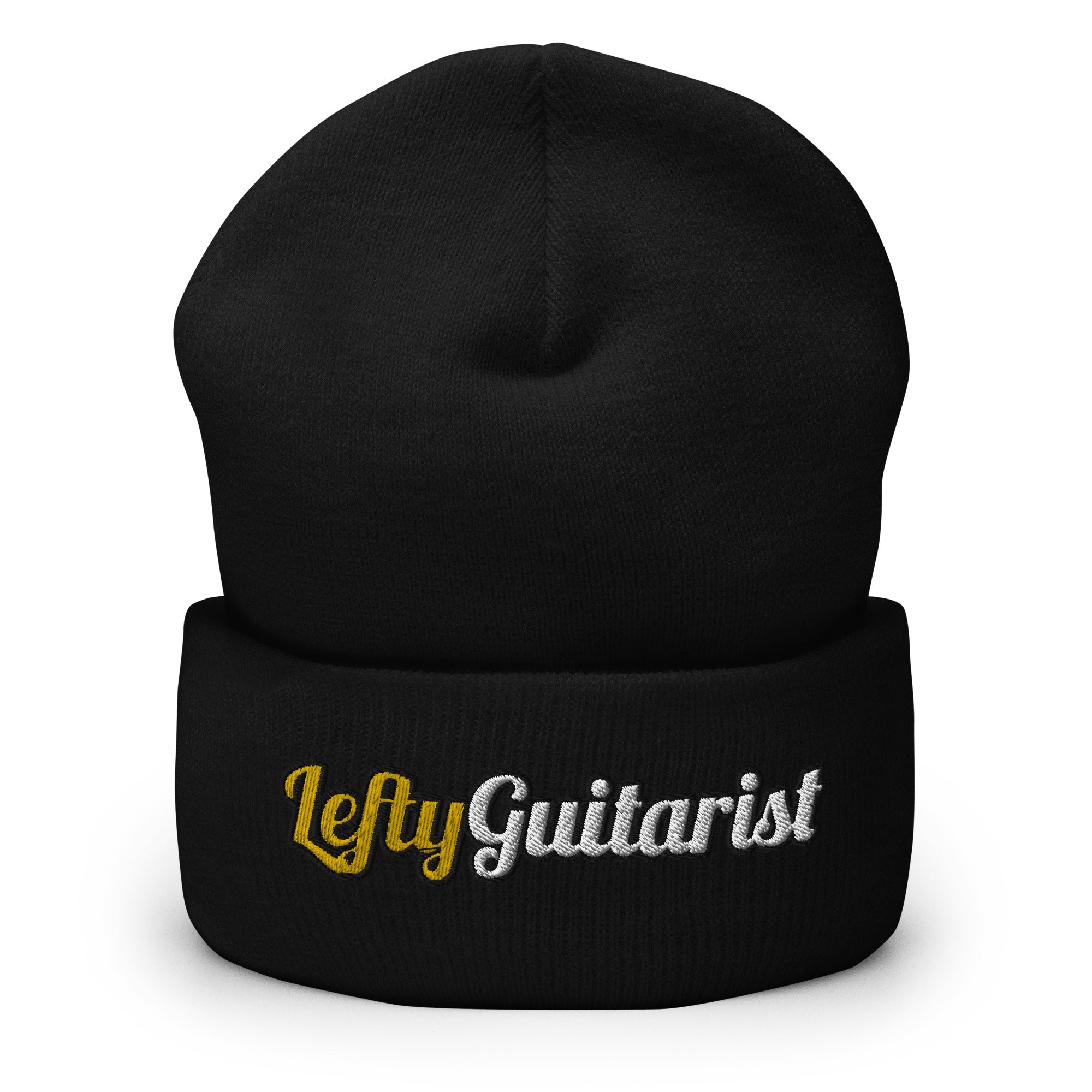 Black cuffed beanie with "LeftyGuitarist" embroidered in gold and white on the front.
