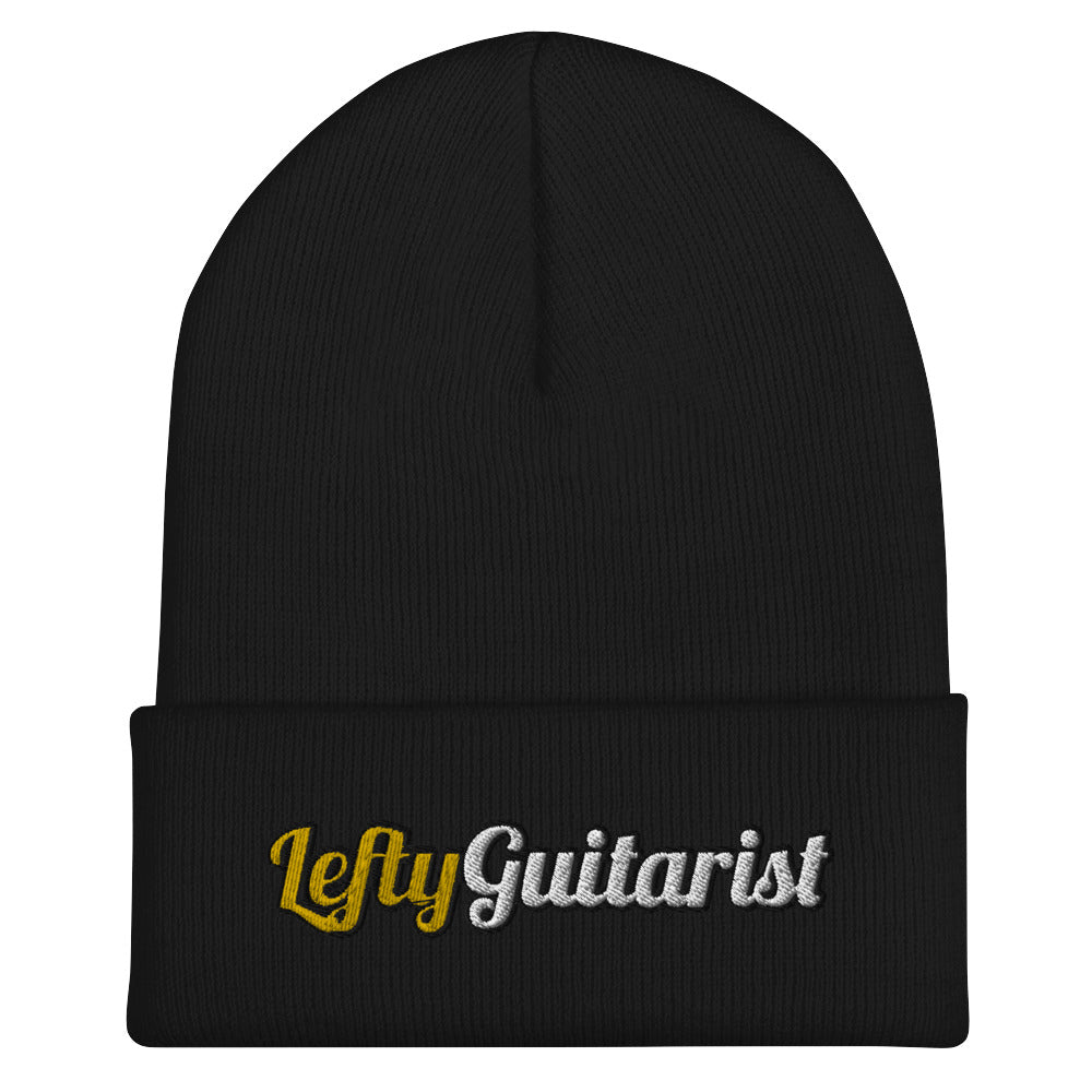 Black cuffed beanie featuring the embroidered text "LeftyGuitarist" in gold and silver.