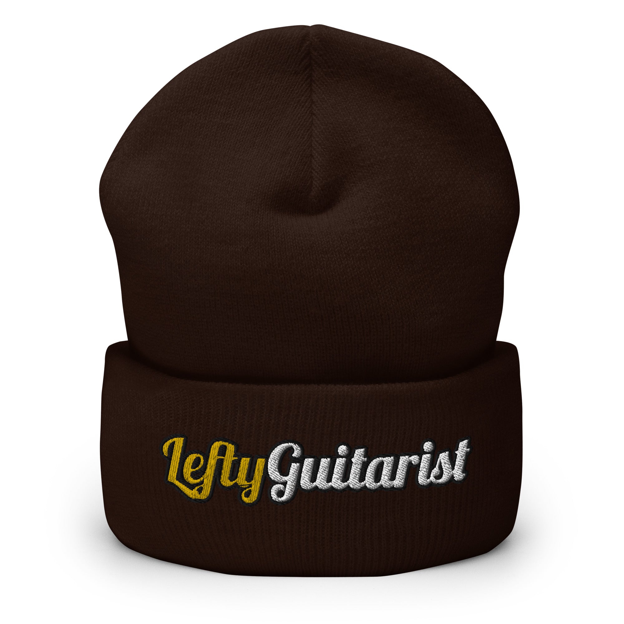 Brown cuffed beanie featuring "LeftyGuitarist" embroidered in yellow and white on the front.