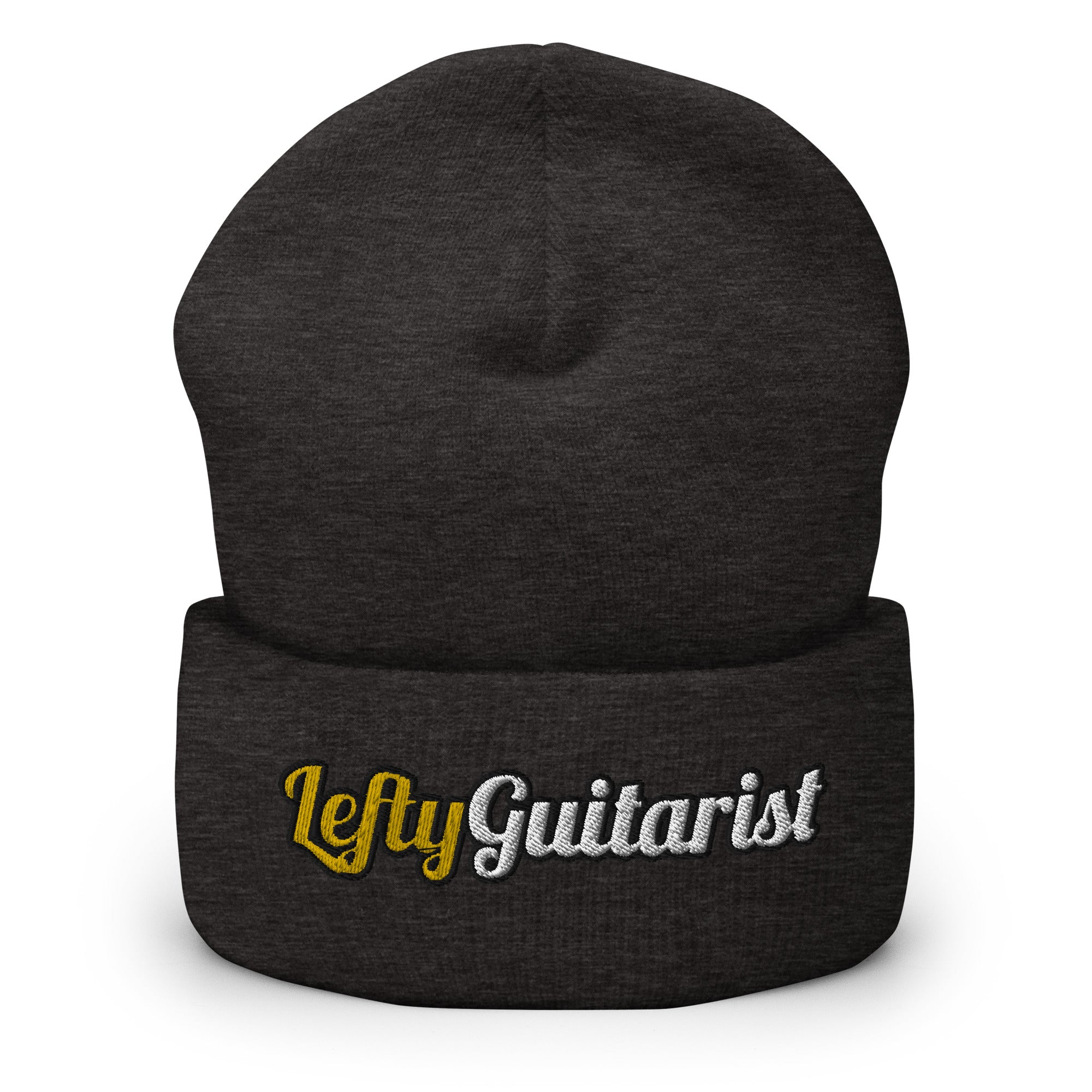 Cuffed dark grey beanie featuring "LeftyGuitarist" embroidered in gold and white on the front.