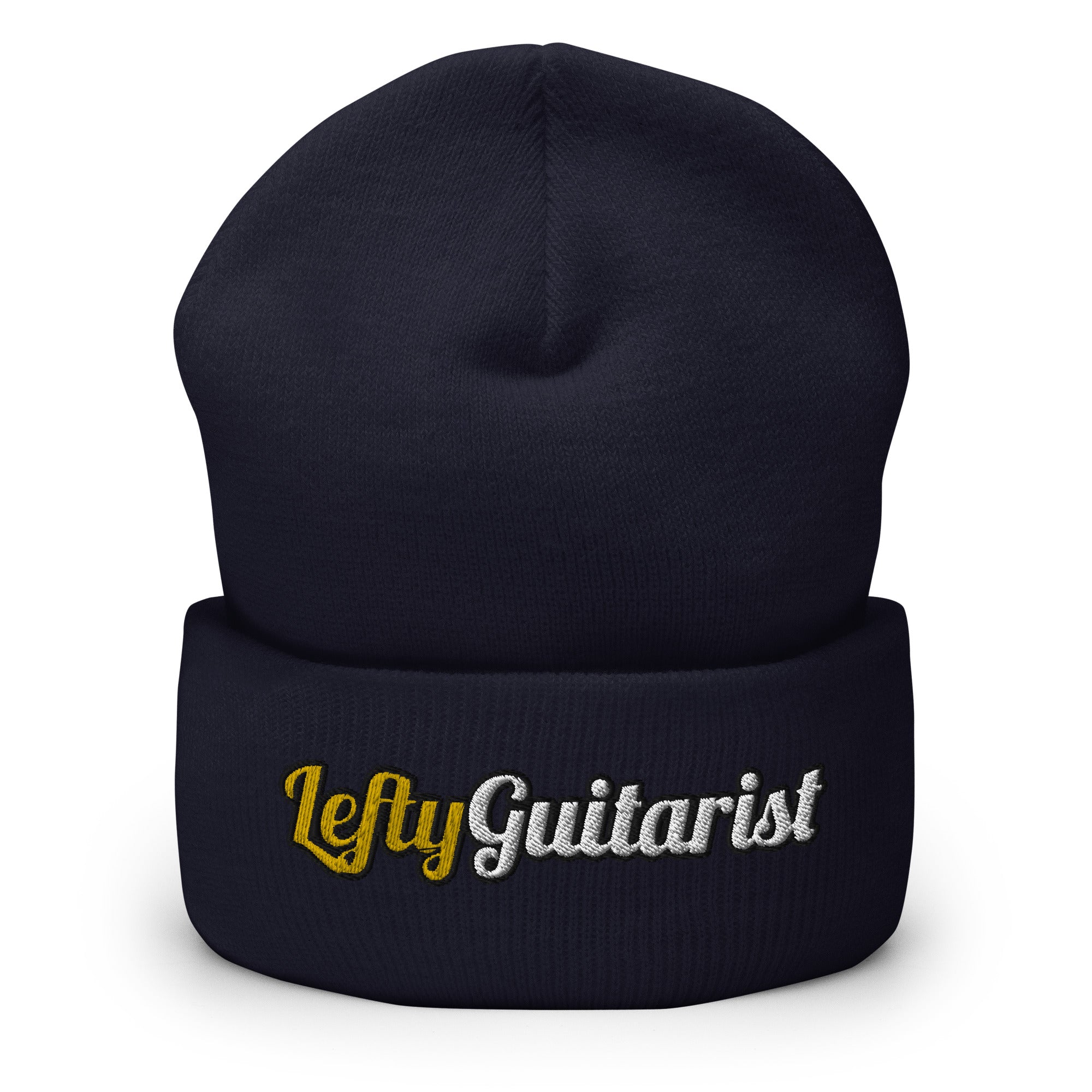Navy cuffed beanie featuring "LeftyGuitarist" embroidered in gold and white on the front.