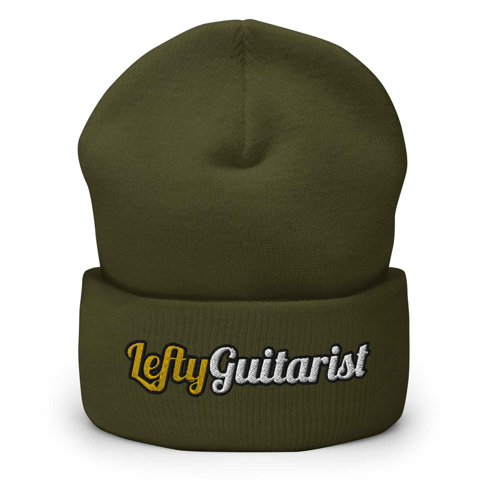 Olive green cuffed beanie with "LeftyGuitarist" embroidered in white and gold on the front.