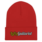 Red cuffed beanie featuring the embroidered text "LeftyGuitarist" in white and yellow on the front.