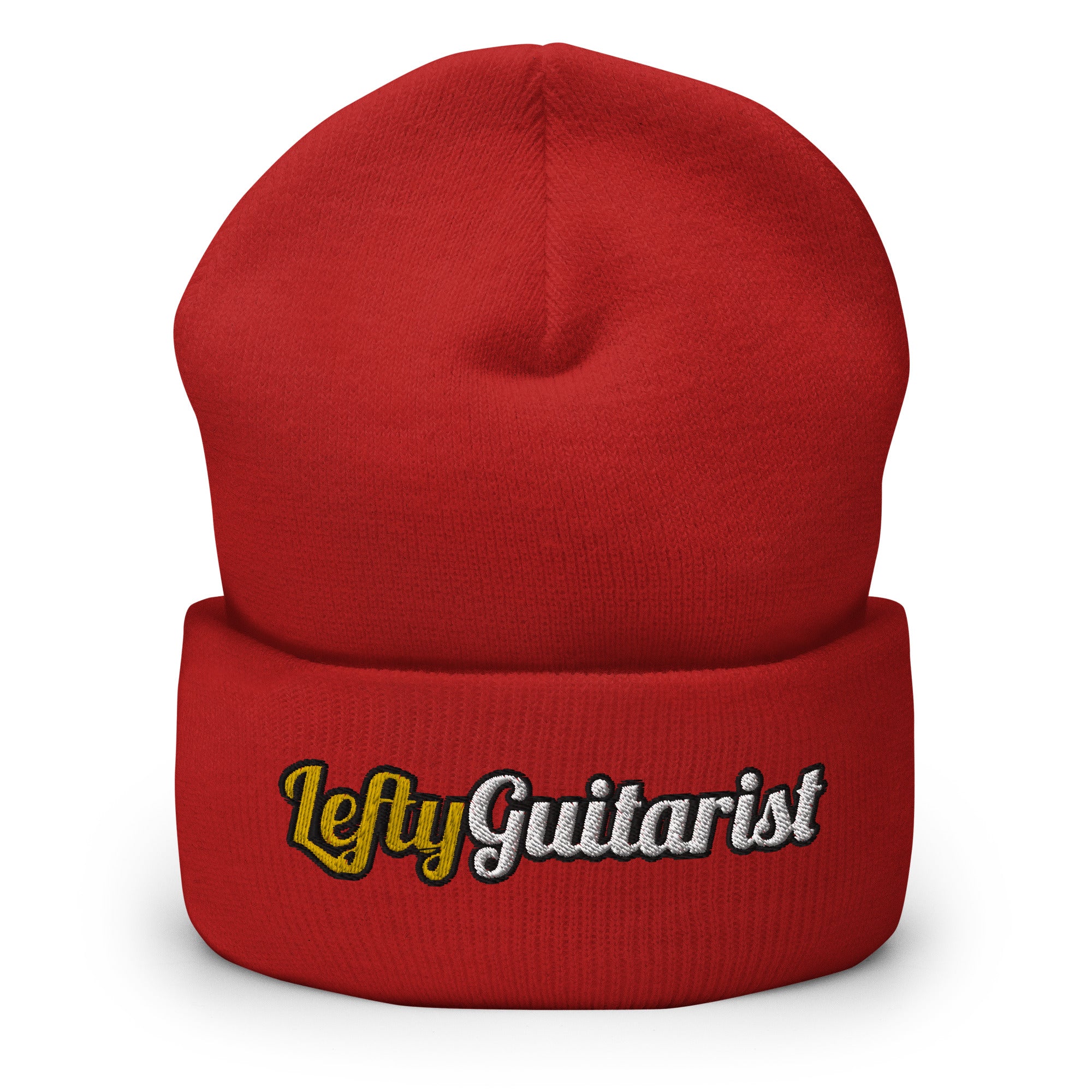 Red cuffed beanie featuring the embroidered text "LeftyGuitarist" in yellow and white on the front.