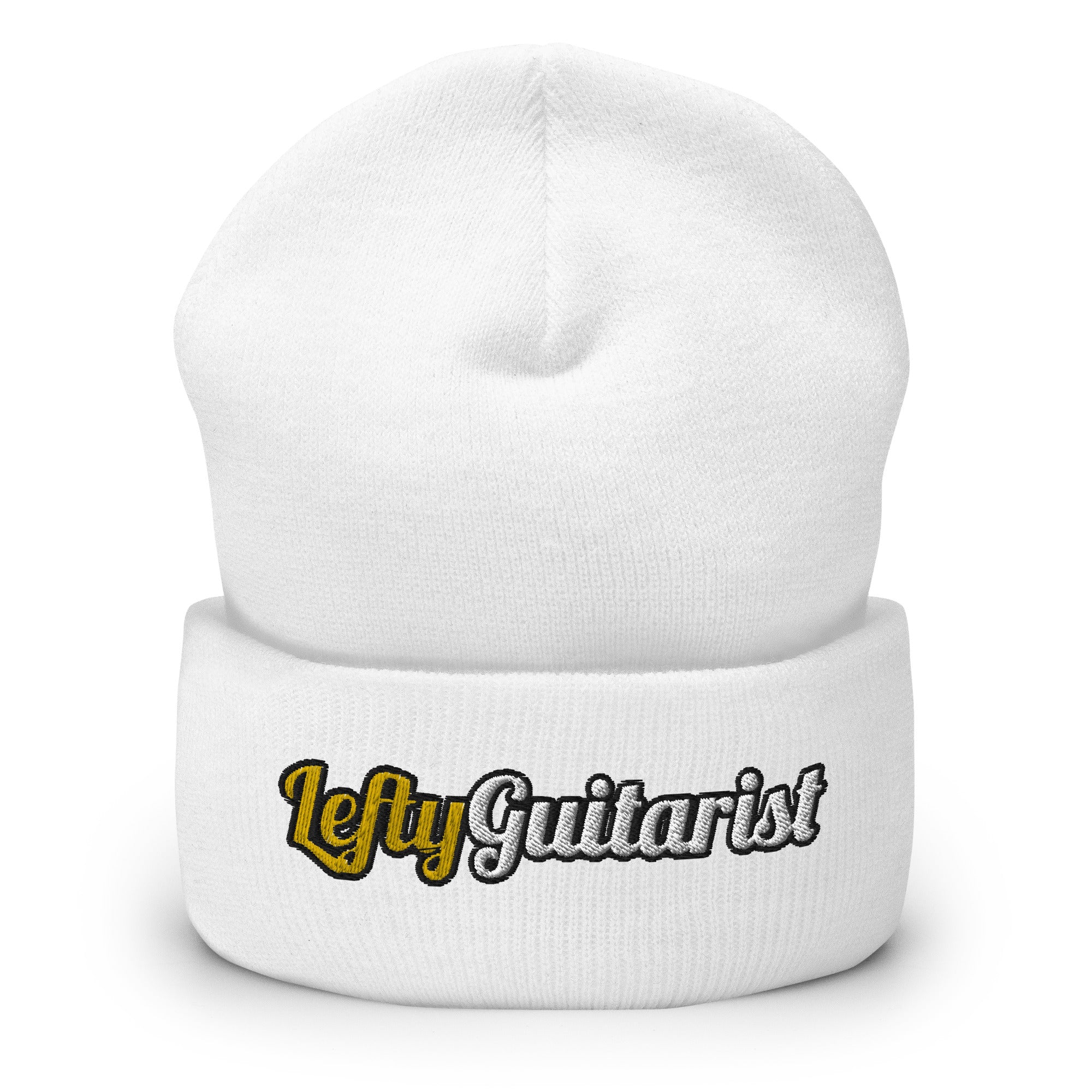 White cuffed beanie featuring the embroidered text "LeftyGuitarist" in yellow and black.