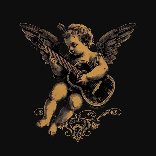 Cupid's Melody T-shirt design featuring a cherub playing a left handed classical guitar with wings on a black background.