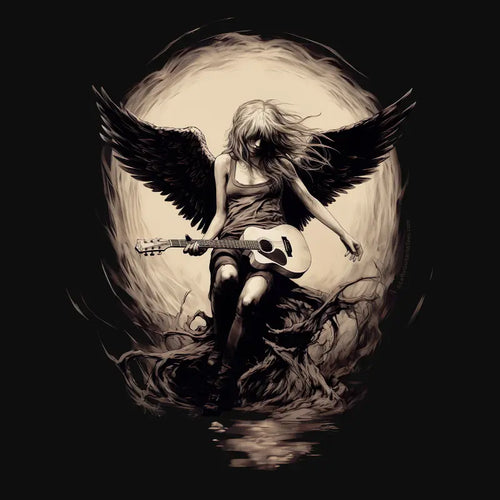 Dark angel with wings playing a lefty guitar, seated against a circular light background on a black unisex tee.
