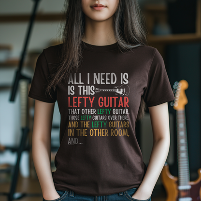 Dark chocolate unisex t-shirt featuring colorful text about lefty guitars, worn by a person in a casual setting.
