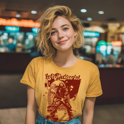Distortion Queen LeftyGuitarist unisex T-shirt in yellow, featuring a graphic design of a guitarist.