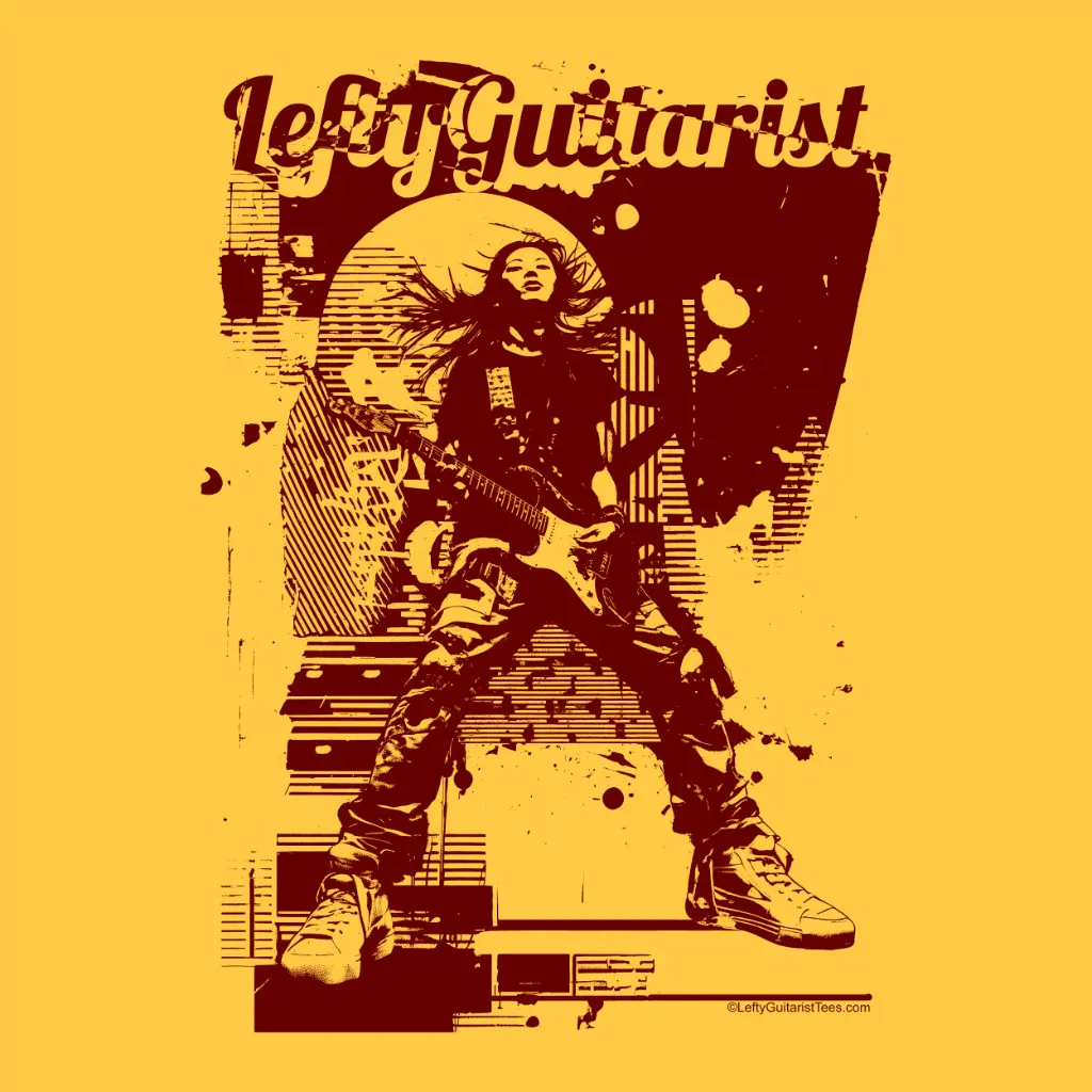 Distortion Queen" LeftyGuitarist unisex T-shirt featuring a graphic of a guitarist in mid-performance on a yellow background.