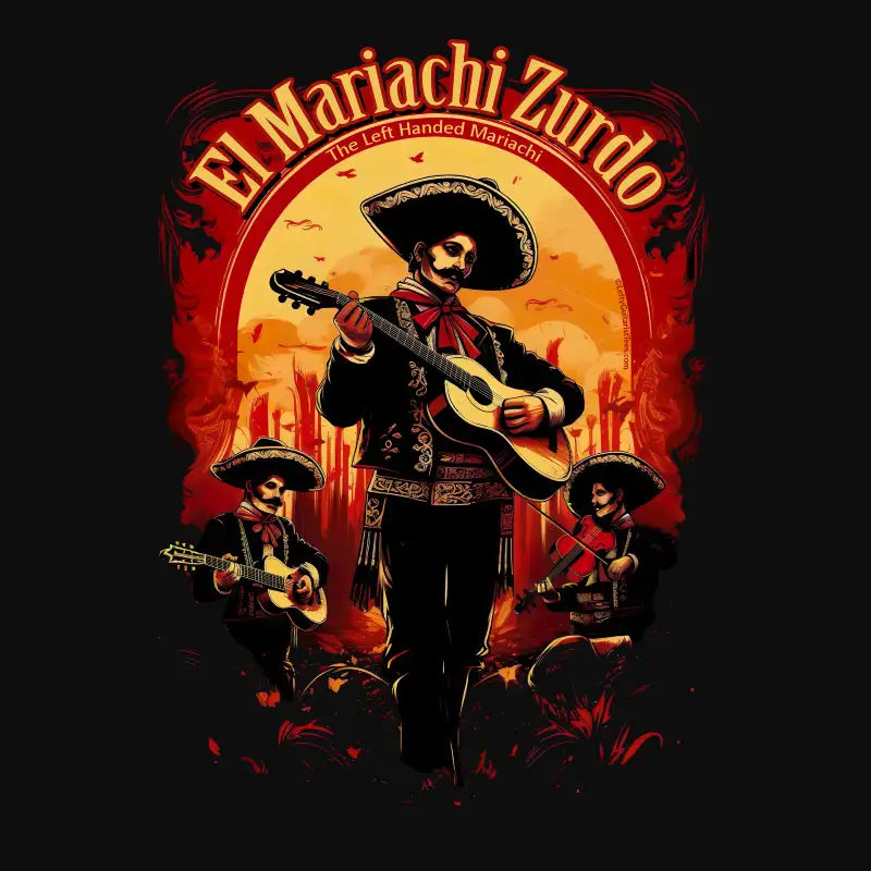 El Mariachi Zurdo unisex T-shirt design featuring a colorful design of three mariachis with guitars against a dark background.