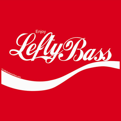 Red T-shirt design featuring the text "Enjoy Lefty Bass" in white cursive font with a wavy underline.