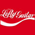 Red T-shirt design featuring the text "Enjoy Lefty Guitar" in white cursive font with a wavy underline.
