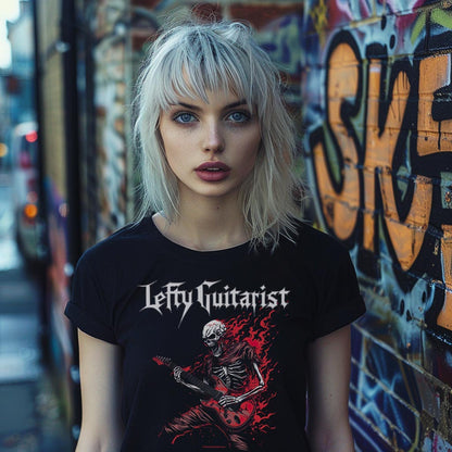 Flaming red skeleton graphic on a black unisex T-shirt worn by a model against a graffiti background.