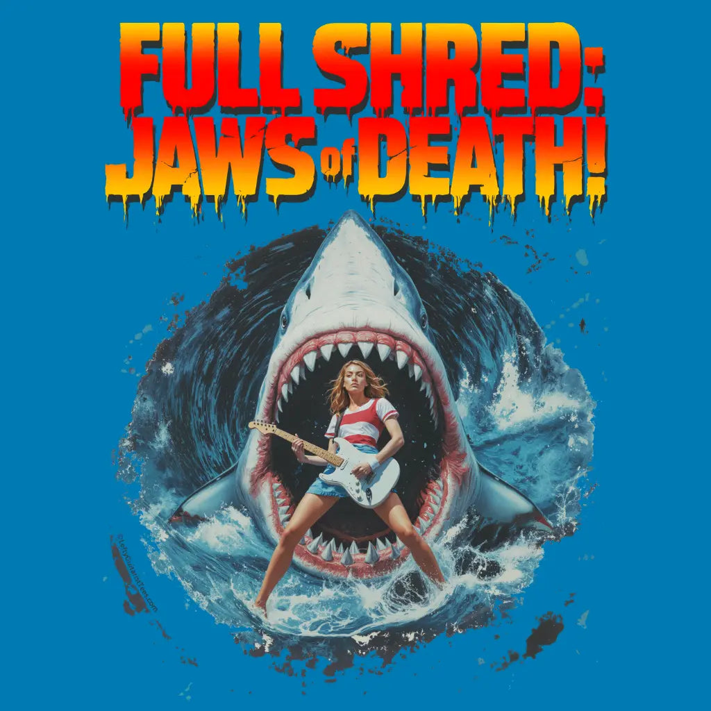 T-shirt design featuring a graphic of a woman playing lefty guitar in front of a large shark's open mouth, with bold text above.