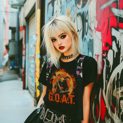 Black unisex T-shirt featuring "The G.O.A.T." graphic with a demon guitarist, worn by a model in an urban setting.