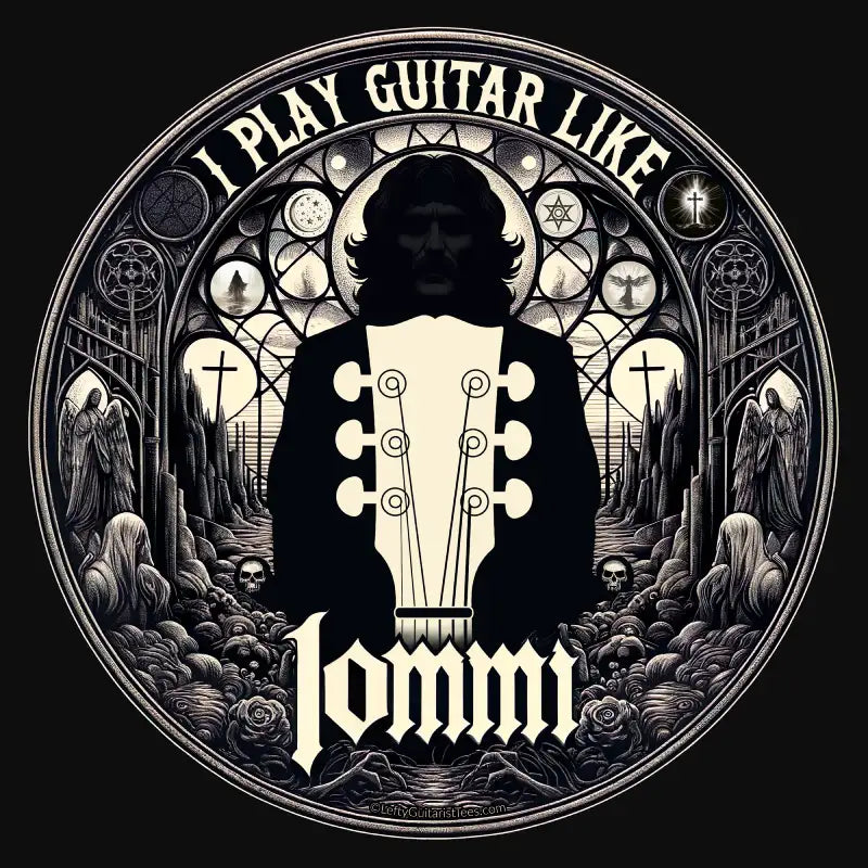 Black T-shirt design featuring "I Play Guitar Like Iommi" text and intricate graphic design with a guitar headstock and gothic elements