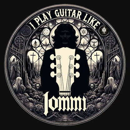 Black T-shirt design featuring "I Play Guitar Like Iommi" text and intricate graphic design with a guitar headstock and gothic elements
