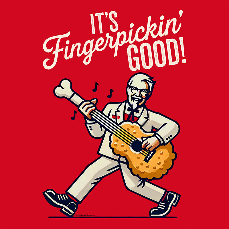 It's Fingerpickin' Good!" unisex guitar T-shirt design featuring a cartoon character playing a guitar on a red background.