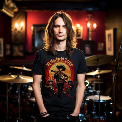 Unisex black T-shirt featuring "El Mariachi Zurdo" graphic, worn by a long-haired male in a music studio setting.
