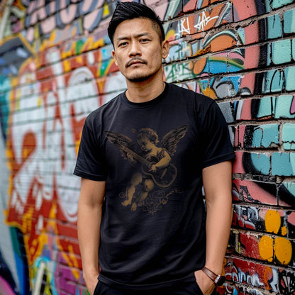 Black unisex T-shirt featuring Cupid playing left handed classical guitar design, worn by a man against a colorful graffiti wall.