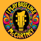Image preview of "I Play Bass Like McCartney" unisex tee featuring a colorful psychedelic design with a guitar headstock silhouette.