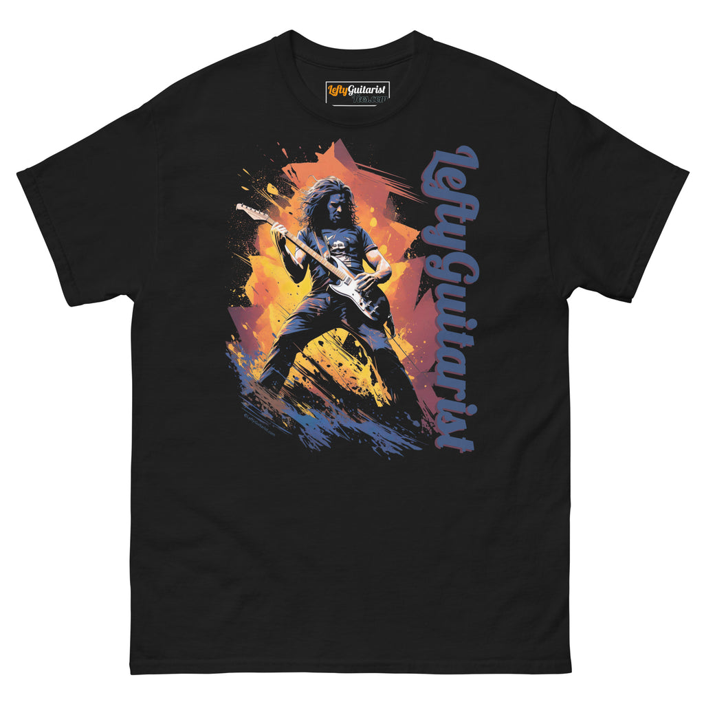 Black unisex tee featuring a guitarist playing an electric guitar with "LeftyGuitarist" text and colorful graphic background.
