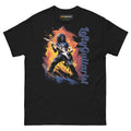 Black unisex tee featuring a guitarist playing an electric guitar with "LeftyGuitarist" text and colorful graphic background.