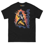 Black unisex tee featuring a guitarist playing an electric guitar with "LeftyGuitarist" text and colorful graphic background.