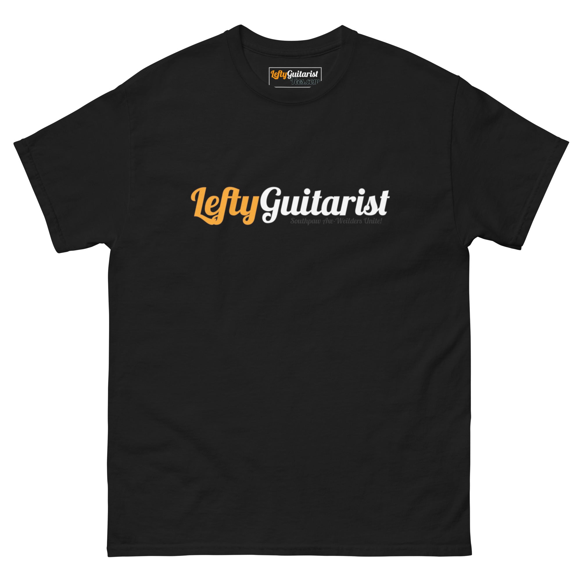 Black unisex T-shirt featuring the LeftyGuitarist logo in orange and white across the front.