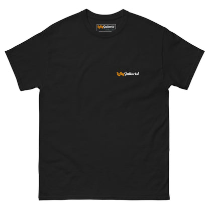 Black unisex T-shirt featuring the LeftyGuitarist small logo in orange and white on the left chest area.
