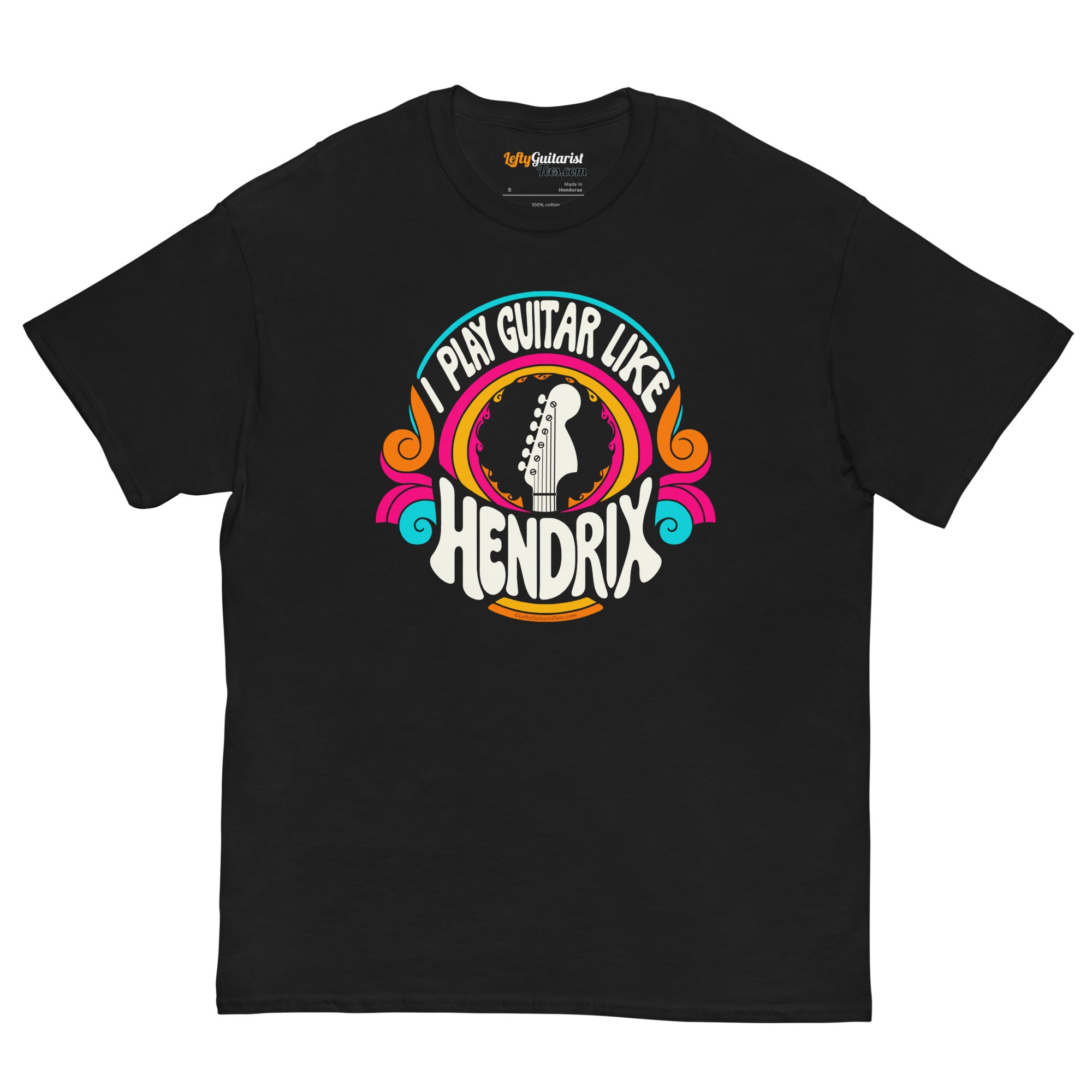 Black unisex t-shirt featuring a colorful "I play guitar like HENDRIX" graphic with a guitar headstock illustration.