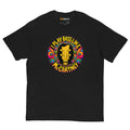 Black unisex t-shirt featuring a colorful circular design with the text "I play bass like McCartney" and a guitar silhouette.