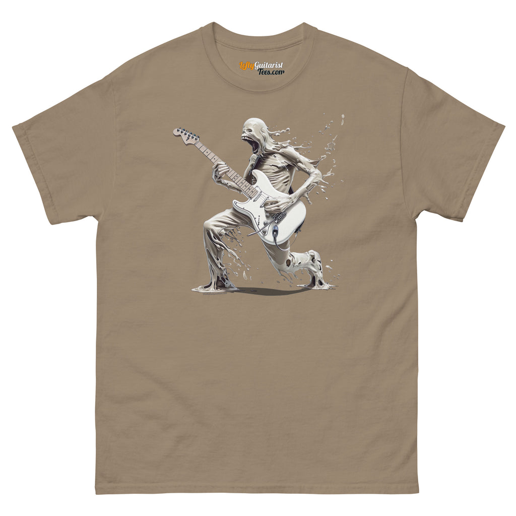 The Lefty Melting Man unisex tee in brown features a graphic of a melting figure playing a left handed electric guitar.