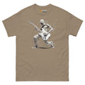 The Lefty Melting Man unisex tee in brown features a graphic of a melting figure playing a left handed electric guitar.