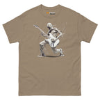 The Lefty Melting Man unisex tee in brown features a graphic of a melting figure playing a left handed electric guitar.