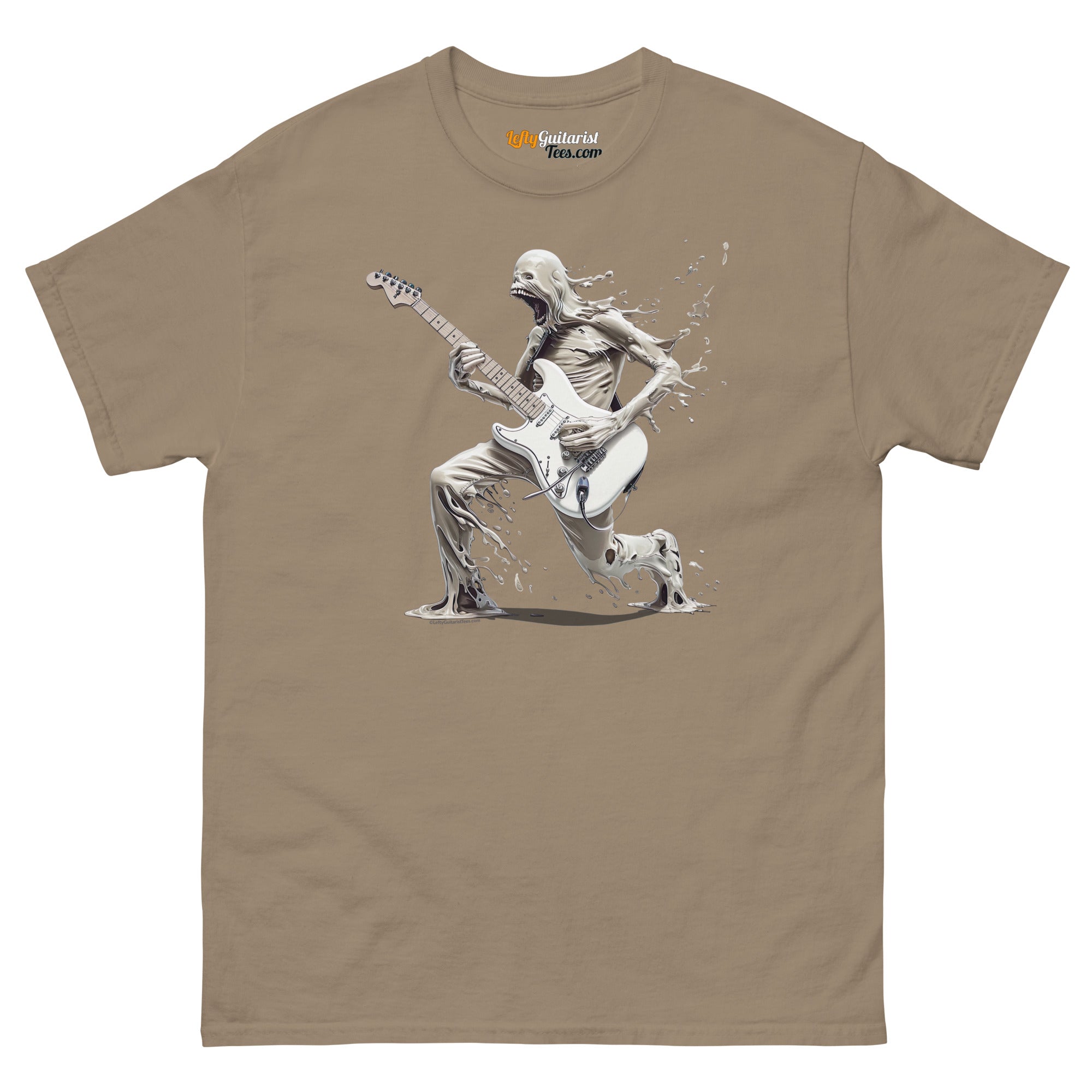 The Lefty Melting Man unisex tee in brown features a graphic of a melting figure playing a left handed electric guitar.