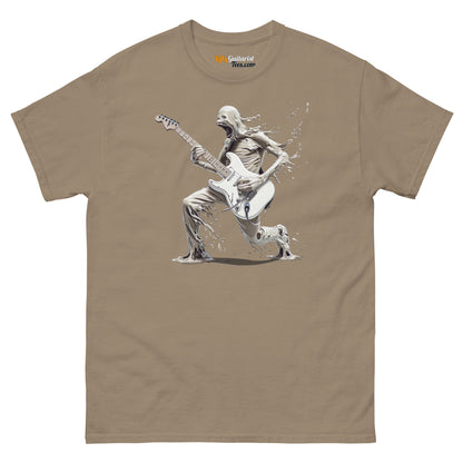 The Lefty Melting Man unisex tee in brown features a graphic of a melting figure playing a left handed electric guitar.