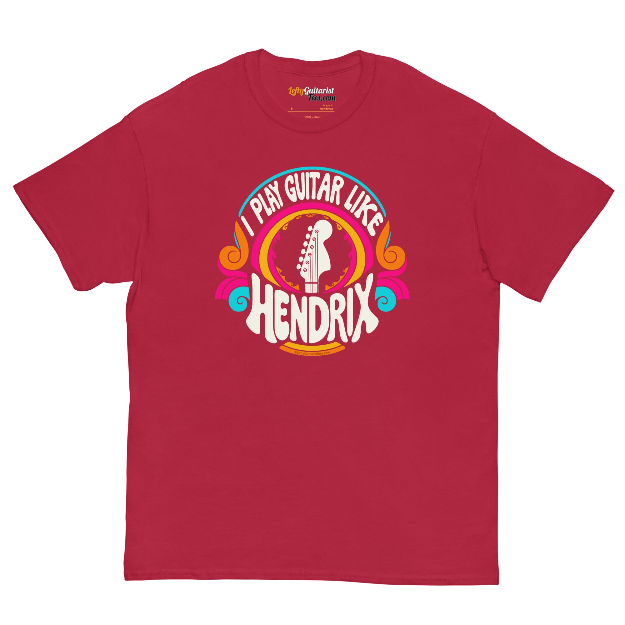 Red unisex t-shirt featuring a colorful "I play guitar like HENDRIX" graphic with a guitar headstock illustration.